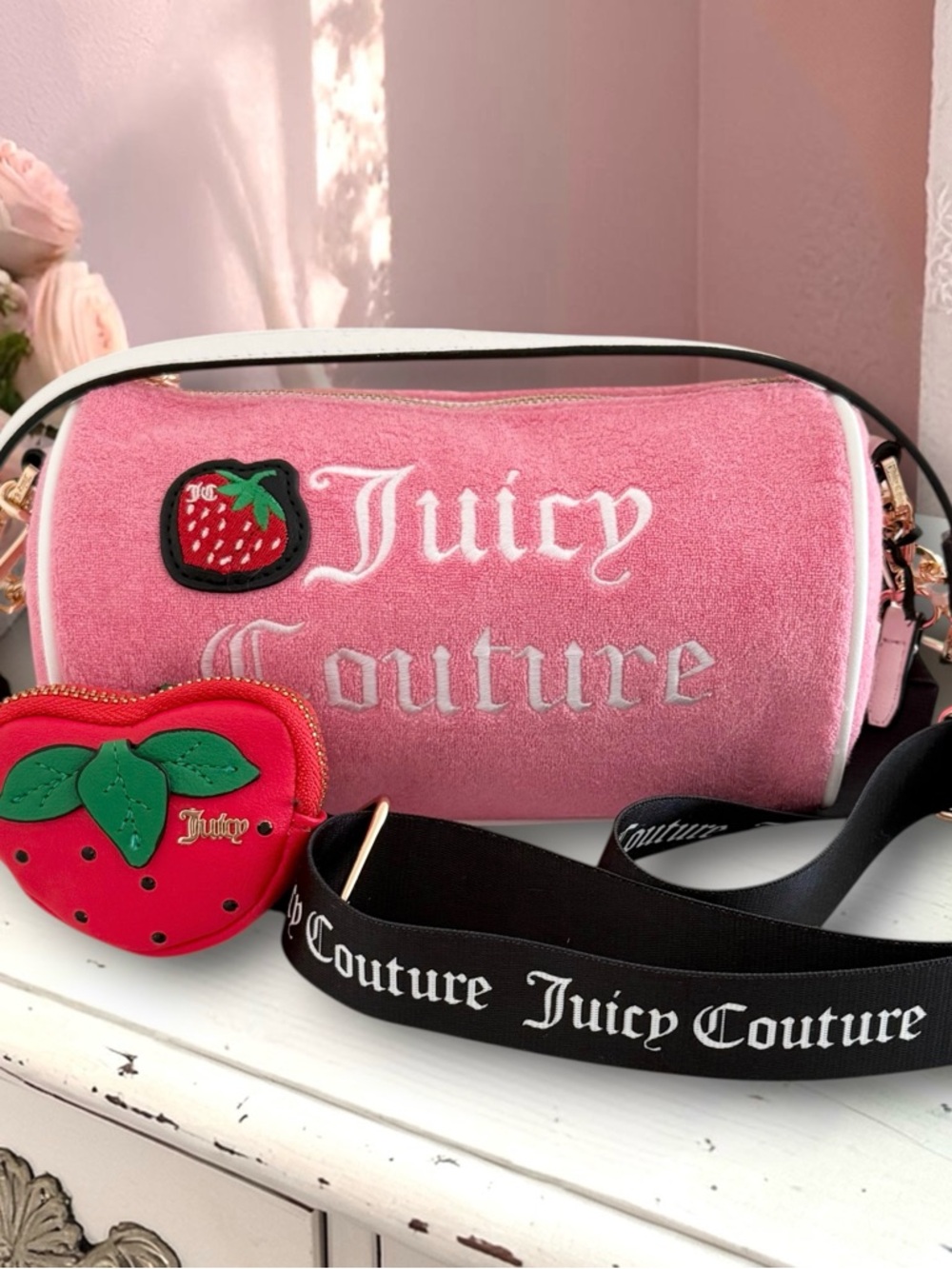 Juicy Couture Pink Strawberry Sweet n Juicy Barrel Bag w/coin pouch Crossbody